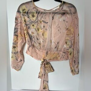 H&M Pink Floral Cropped Sheer Long Sleeve Blouse